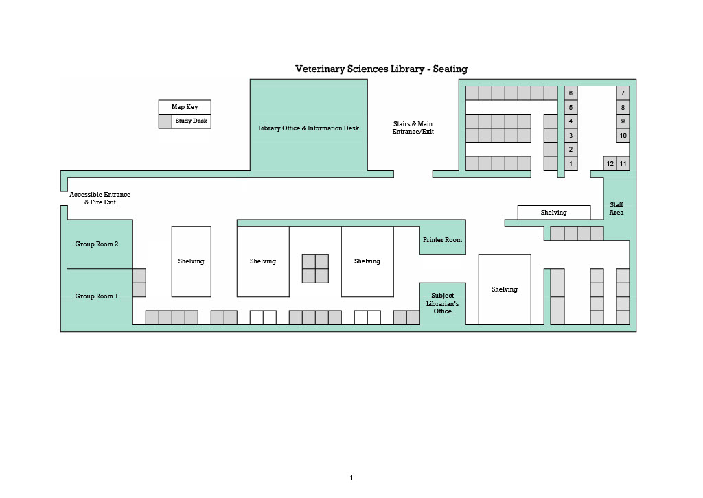 A map showing bookable study spaces in the Veterinary Sciences library